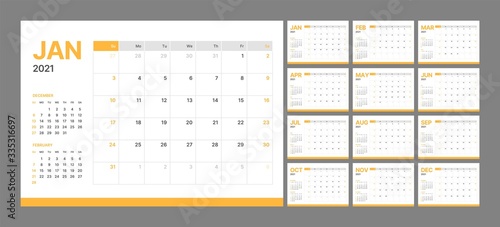 Wall calendar template for 2021 year. Planner diary in a minimalist style. Week Starts on Sunday. Monthly calendar.