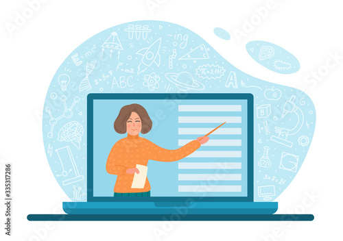 Online distance education. Teacher with pointer on laptop screen writs school subjects doodle around. Educational video conference, or webinar vector illustration.