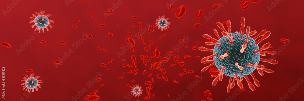 Coronavirus disease COVID-19 infection medical illustration. Pathogen respiratory influenza covid virus cells. New official name for Coronavirus disease named COVID-19. 3D Rendering. - obrazy, fototapety, plakaty 