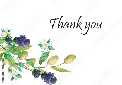 Watercolor hand painted nature provence wedding composition with green olives, purple lavender flowers, white blossom bergamot branches and thank you text on the white background for greeting cards