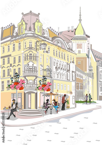 Series of the street cafes with fashion people, men and women, in the old city. Street musicians in the city. Jazz band. Hand drawn vector illustration with retro buildings.