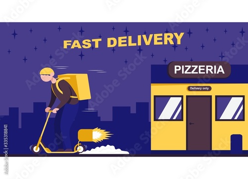 Сourier on a scooter delivers a package from a pizzeria