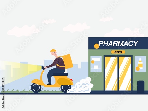 Сourier on a moped delivers a package from a pharmacy.