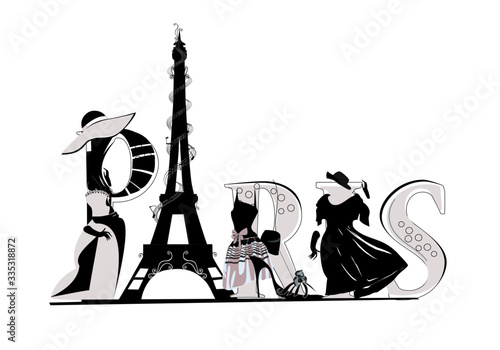 Lettering Paris with a fashion girl in black dress. Hand drawn vector illustration.