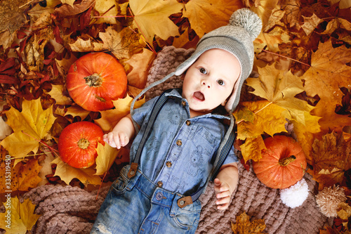 baby boy lying in red and yellow maple leaves. © Aleksei Zakharov