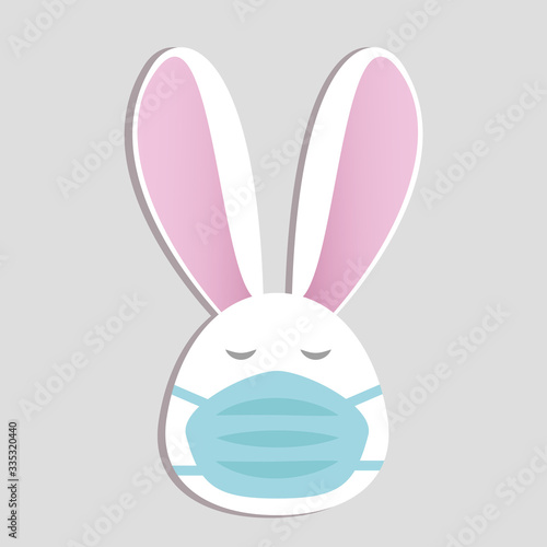 Cute white bunny in face mask on grey background with text. Stay home stay safe. Air pollution concept. Spring allergy. Vector in flat style. Easter rabbit in medical mask in quarantine