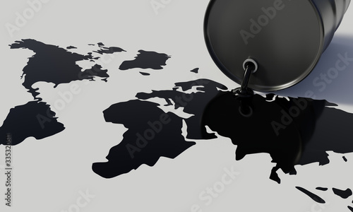 Black barrel from which oil spills. World map of spilled oil. Barrel price of oil.