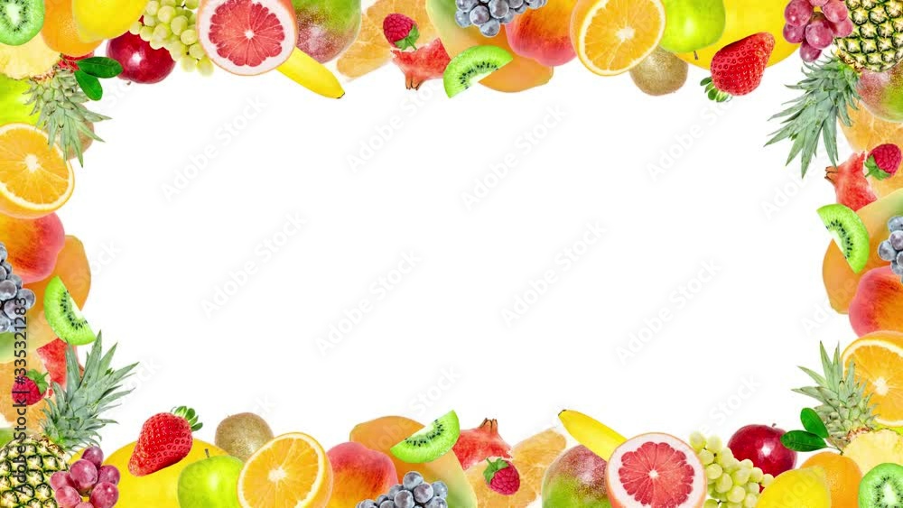 Creative 4k stop motion video animation of many different exotic tropical bright fruits frame quickly appearing and disappearing on a isolated white background. Seamless loop. Creative 4k stop motion video animation of many different exotic tropical bright fruits frame quickly appearing and disappearing on a isolated white background. Seamless loop.