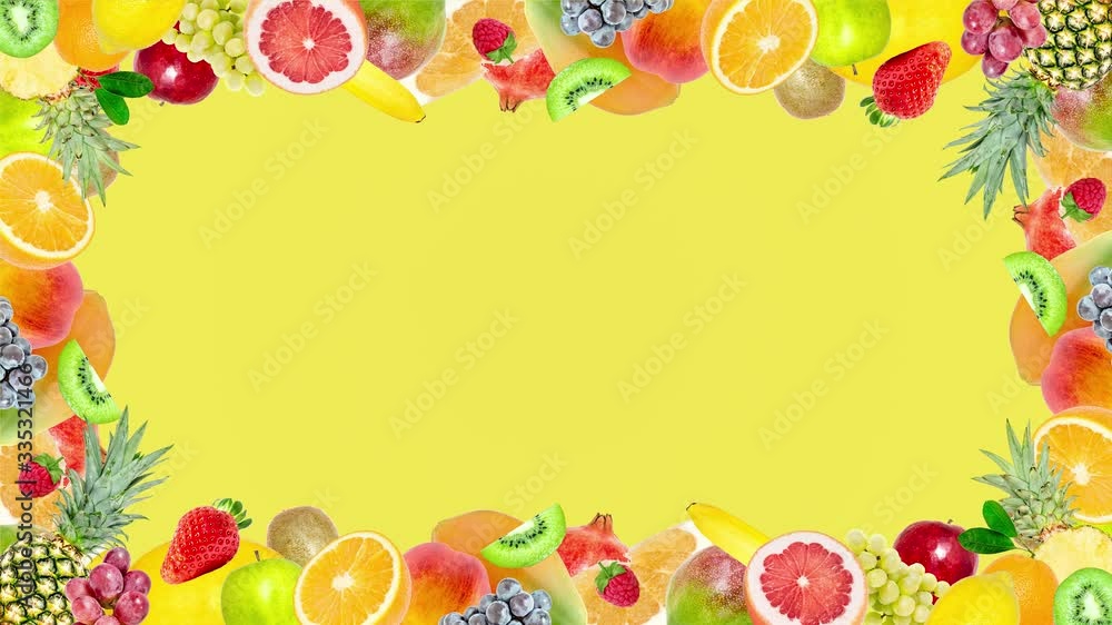 Creative 4k stop motion video animation of many different exotic tropical bright fruits frame quickly appearing and disappearing on a summer yellow background. Seamless loop. Creative 4k stop motion video animation of many different exotic tropical bright fruits frame quickly appearing and disappearing on a summer yellow background. Seamless loop.