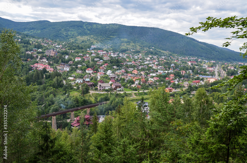 Summer  panoramic view of the Yaremche city resort located in the valley near the Carpathian Mountains, Ukraine