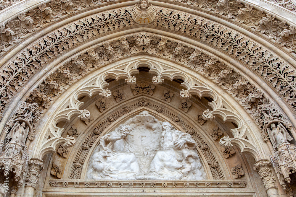 Sculptures on the ancient facade of the Church, Europe
