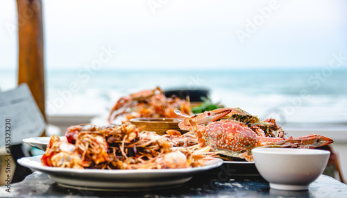 Seafood crab of restaurant with other dishes in the background
