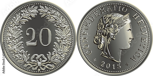 20 centimes coin Swiss franc, 20 in wreath of gentian on reverse, head of Liberty and CONFOEDERATIO HELVETICA on obverse, official coin in Switzerland photo