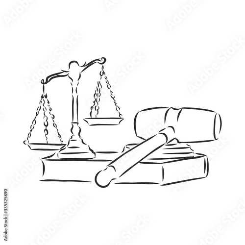 attributes of the court, the judge's hammer and scales of Themis, vector illustration of the sketch