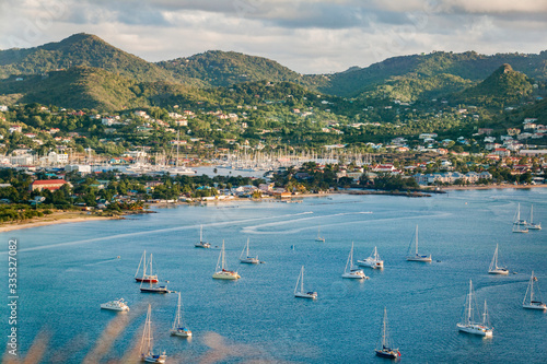 sailing yachts and motor vesseös anchoring in Rodney Bay on caribbean tropic island of St.Lucia, windward Islands, West Indies