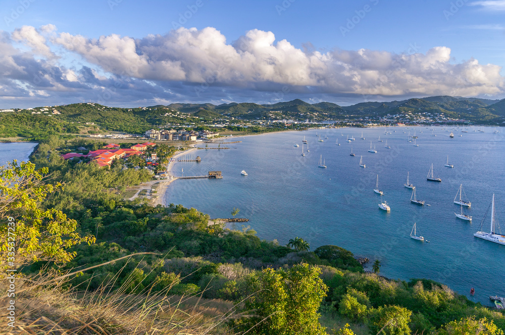 sailing yachts and motor vesseös anchoring in Rodney Bay on caribbean tropic island of St.Lucia, windward Islands, West Indies