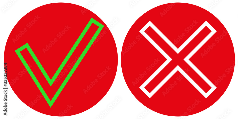 Green check mark and red cross on white background. True or false. Flat style Green check mark and red cross on white background. True or false. Flat style