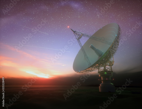 Fototapeta Naklejka Na Ścianę i Meble -  Huge satellite antenna dish for communication and signal reception out of the planet Earth. Observatory searching for radio signal in space at sunset.