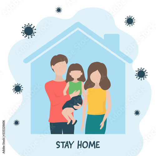 Family staying together in house to stop spreading pandemic during Coronavirus outbreak, Covid-19 in the air. Stay at home campaign for virus prevention. Illustration in flat style.