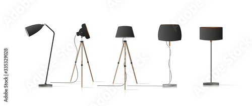 A large set of loft fixtures. Black floor lamps. Design element of an apartment, room, bedroom. Separate on a white background. Vector.