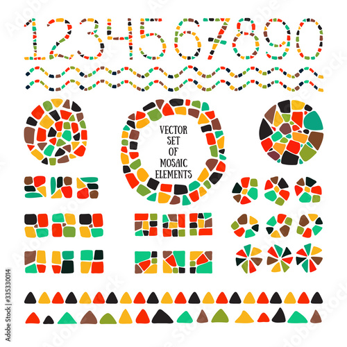 Bright mosaic texture. Vector isolated circle, square, triangle, border, numbers for decoration. Ceramic tile texture. Easy to recolor. 