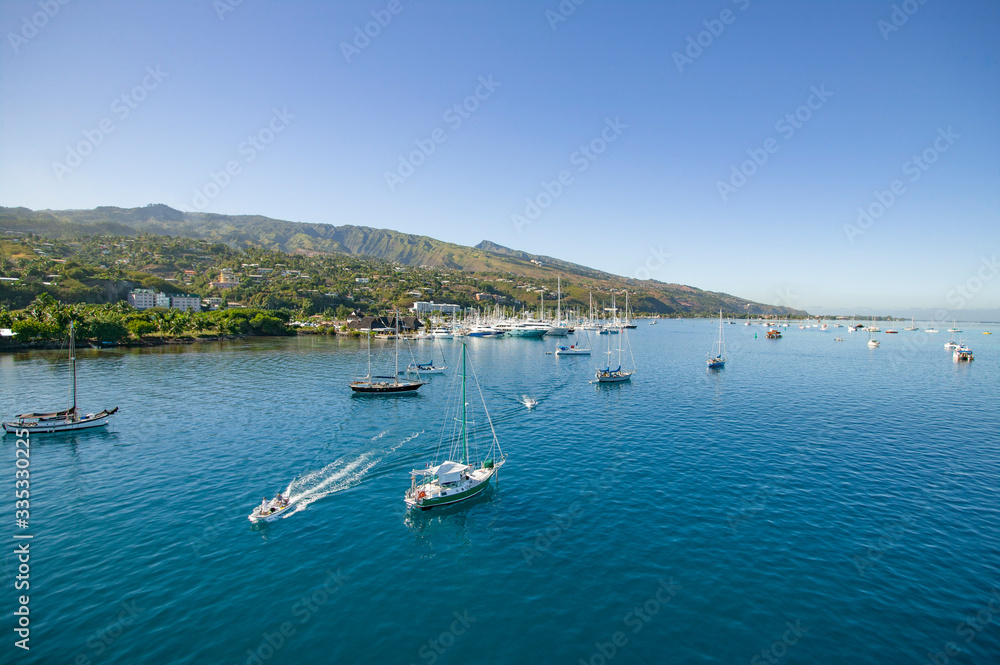 sailing yachts anchoring of Taina, Tahiti, French Polynesia