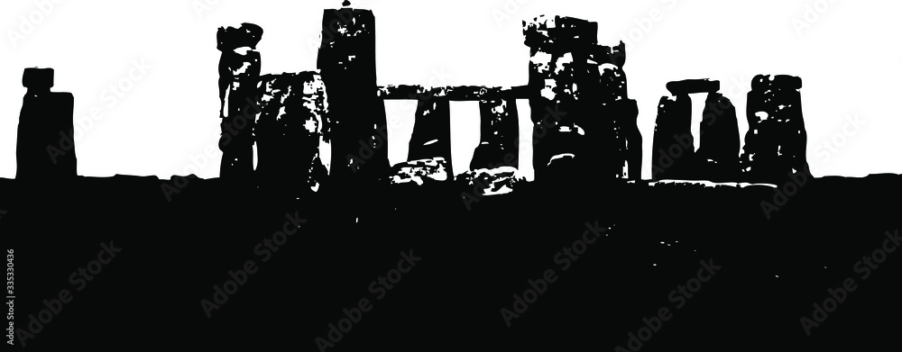 Silhouette black and white image of Stonehenge against blank sky copy ...