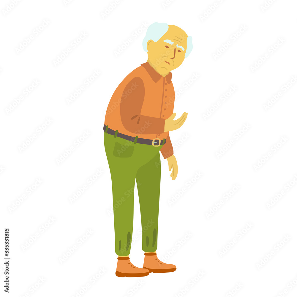 An elderly senior man isolated on white background. Grandpa. Green pants with a belt, terracotta shirt, brown boots. Vector illustration of an old man character. Full length portrait.