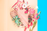 web banner freshness fruit and drink in summer season concept from minimal flat lay summer drink with decorate by pineapple watermelon and tropical flower lay on pastel yellow background