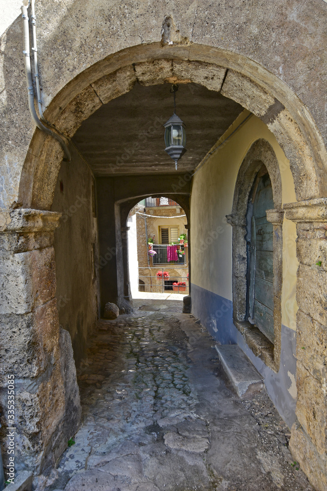 Castel San Vincenzo, Italy, 07/12/2018. A narrow street between the houses of a village in the Molise region