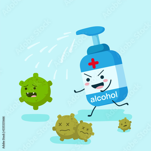 alcohol character in flat style running disinfect coronavirus. pump, spray or gel bottle. illustration design concept of Healthcare and Medical. stop corona virus and covid-19 concept.