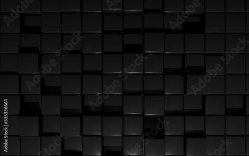 Cubic wall panels - 3d render illustration. Concept design - black boxing puzzle. Randomly scattered 3d cubes that form a block element. Dark background wallpaper for copy space and banners. © amecold