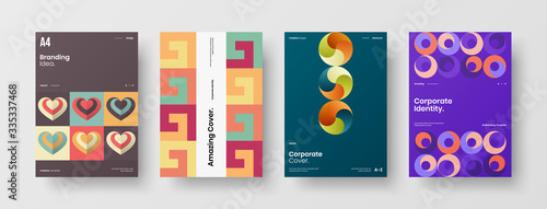 Company identity brochure template collection. Business presentation vector A4 vertical orientation front page mock up set. Corporate report cover abstract geometric illustration design layout bundle.