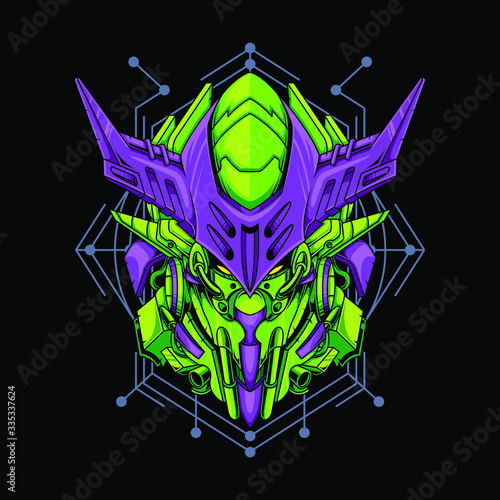 Vector illustration, Mecha head with sacred geometry pattern