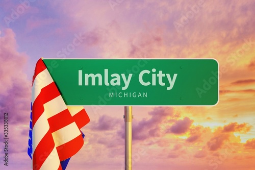 Imlay City – Michigan. Road or Town Sign. Flag of the united states. Blue Sky. Red arrow shows the direction in the city. 3d rendering photo