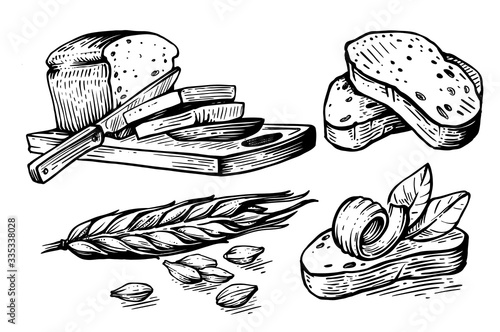 hand drawn sliced bread and wheat with grains