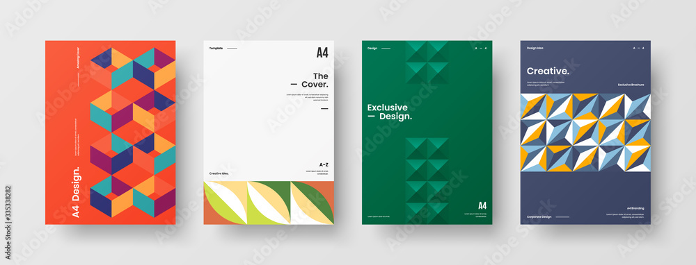 Obraz premium Company identity brochure template collection. Business presentation vector A4 vertical orientation front page mock up set. Corporate report cover abstract geometric illustration design layout bundle.