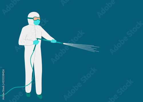 Man worker in white hazmat suit cleaning and disinfecting virus. Coronavirus epidemic spray disinfection. Protection against spread of virus during pandemic to maintain health. Vector illustration