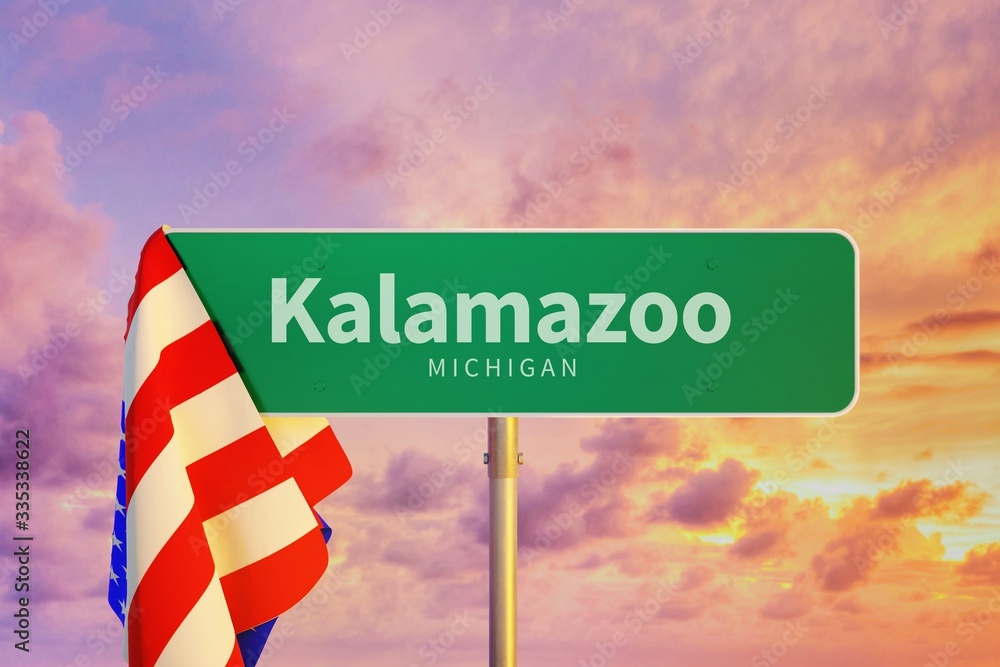 Kalamazoo Michigan. Road or Town Sign. Flag of the united states