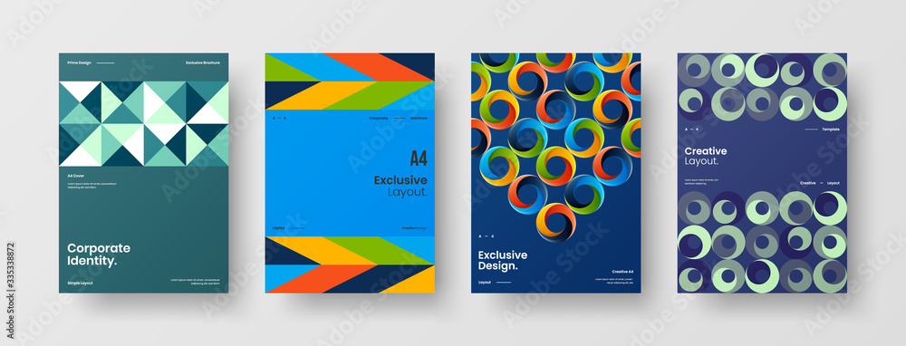 Company identity brochure template collection. Business presentation vector A4 vertical orientation front page mock up set. Corporate report cover abstract geometric illustration design layout bundle.