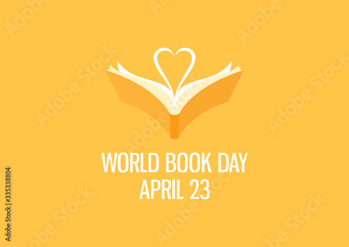 World Book Day with book and heart shaped vector. Open book with heart vector. Yellow book icon. Book Day Poster, April 23. Important day