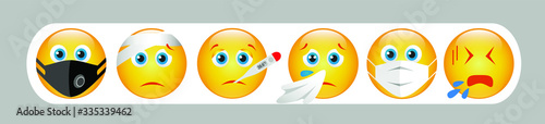 High quality vector round yellow cartoon bubble emoticons sick in mask, temperature, fever, sneezing, cough emoji