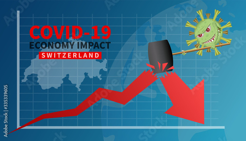 Covid-19 cell uses hammer to break  economy graph or chart, Switzerland hit by Covid-19 outbreak and pandemic, Covid-19 virus global economic impacts, Concept of world and local economy crisis.
