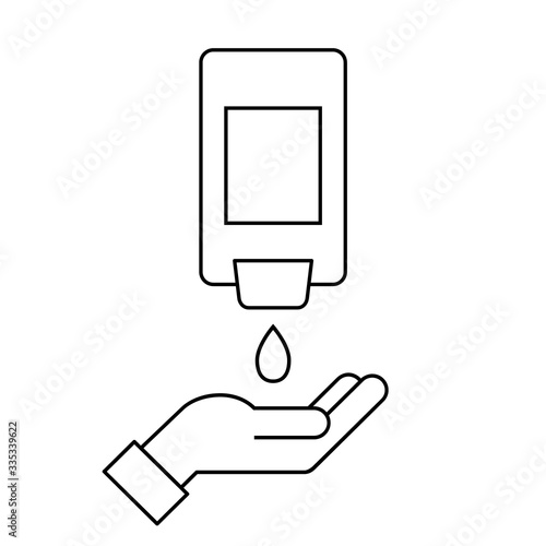 Wall-Mount hand sanitizer dispenser with a hand. Line icon. Automatic wall hanging liquid soap bottle. Washing and disinfecting hands. Antivirus and antibacterial protection. Vector illustration, flat