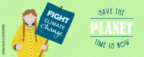 Stop climate change banner of protest kid