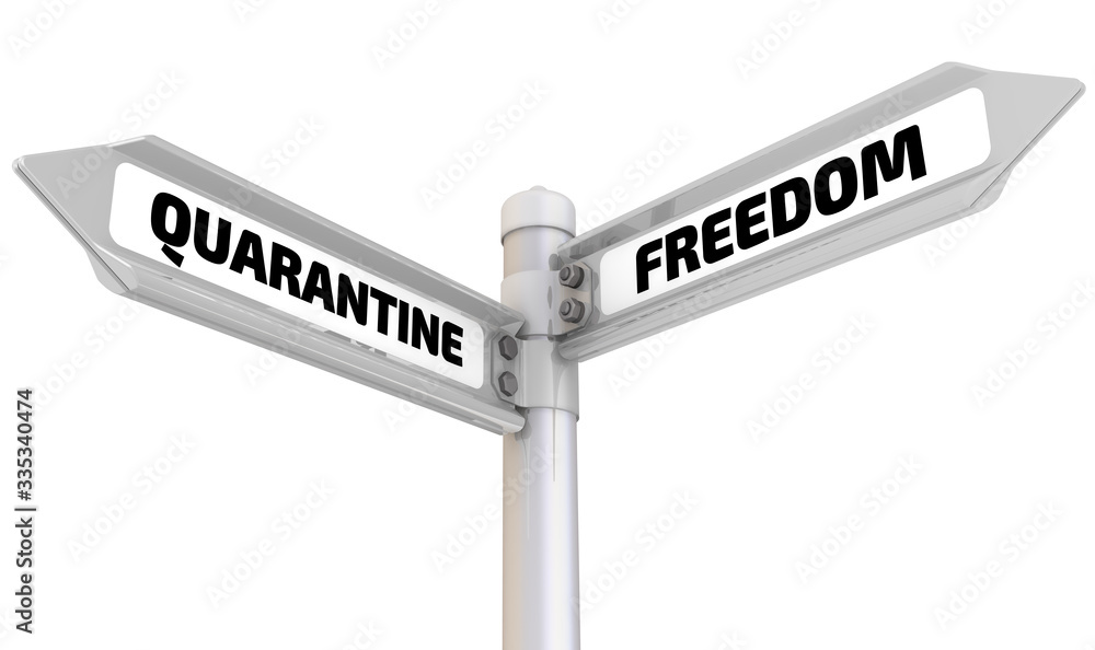 Quarantine and freedom. The way mark. Road sign with black words QUARANTINE and FREEDOM. Isolated. 3D illustration Quarantine and freedom. The way mark. Road sign with black words QUARANTINE and FREEDOM. Isolated. 3D illustration
