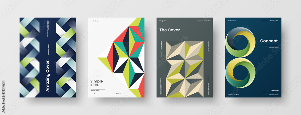 Company identity brochure template collection. Business presentation vector A4 vertical orientation front page mock up set. Corporate report cover abstract geometric illustration design layout bundle.