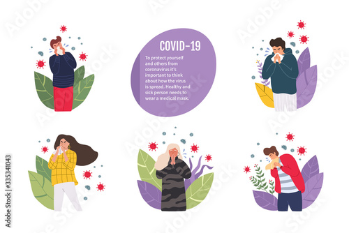 People coughing in arm, tissue. Virus germs spread in the air. Person during respiratory disease. Vector illustration in a flat style