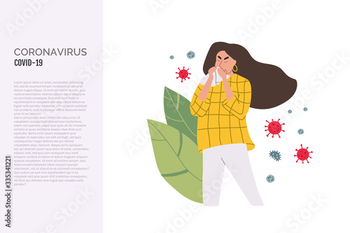 Woman coughing in tissue. Girl without face mask. Virus germs spread in the air. Person during respiratory disease. Vector illustration in a flat style