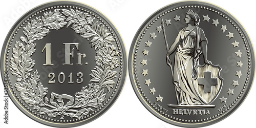 1 Swiss franc coin, reverse 1 Fr in wreath of oak leaves and gentian, obverse Helvetia shown standing and stars, official coin in Switzerland photo